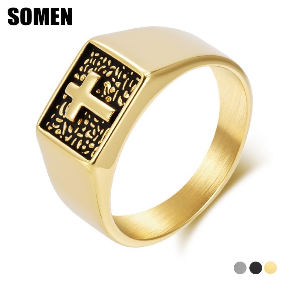 Signet Ring Men - 소멘 빈티지 스테인리스 스틸 십자가 인장